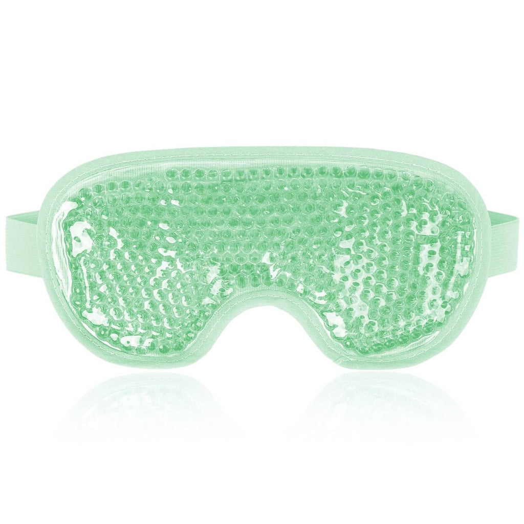 Green cooling gel eye mask with flexible strap, contoured for under-eye relief