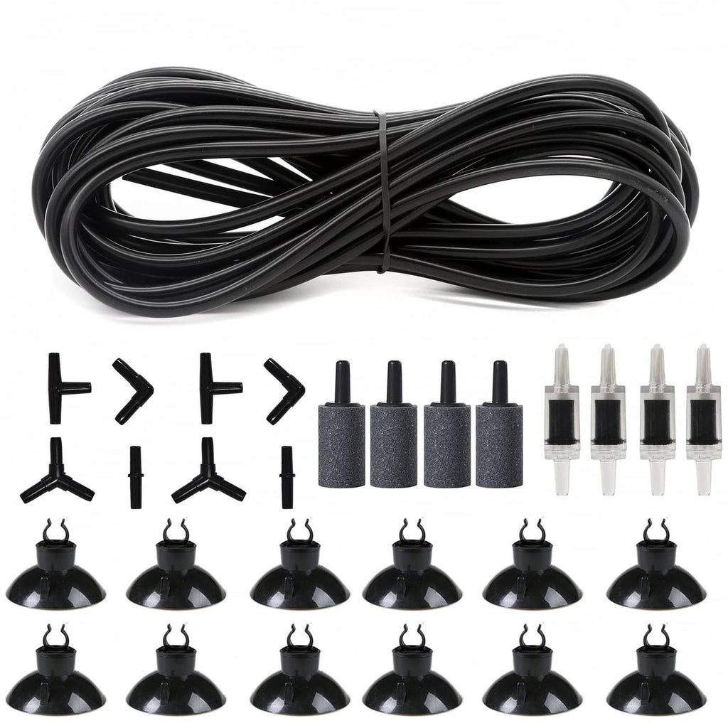 Aquarium air tubing kit with black airline tubing, connectors, diffusers, and foam bases