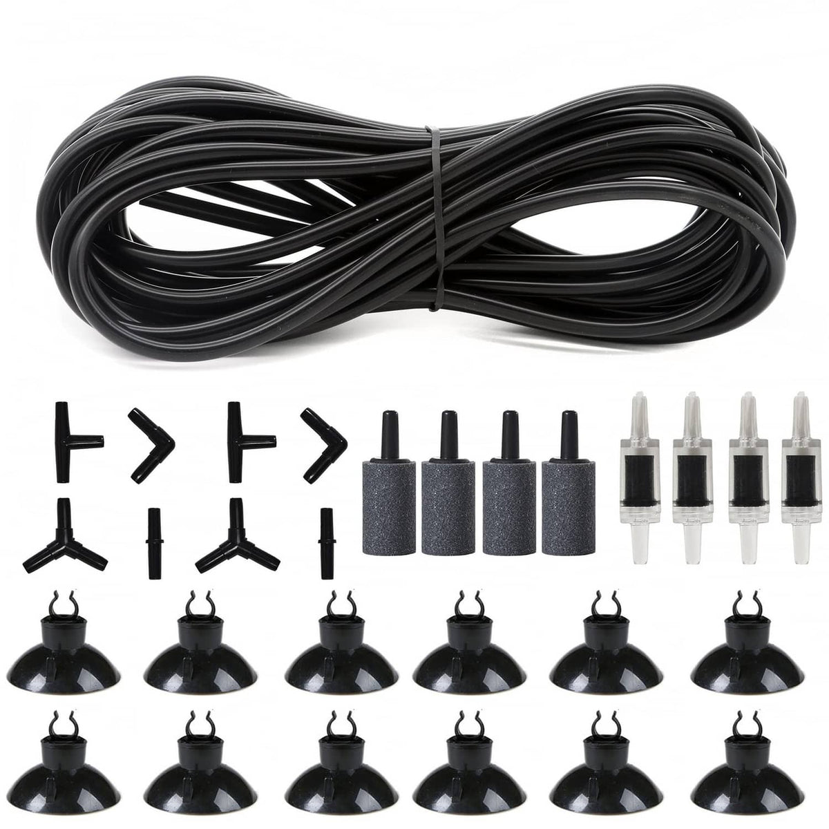 Aquarium air tubing kit with black airline tubing, connectors, diffusers, and foam bases