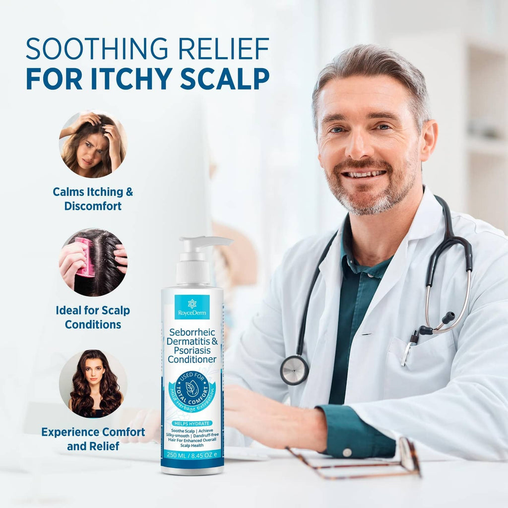 White pump conditioner bottle for soothing relief of itchy scalp, with doctor theme