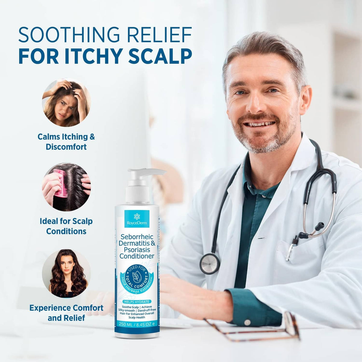 White pump conditioner bottle for soothing relief of itchy scalp, with doctor theme