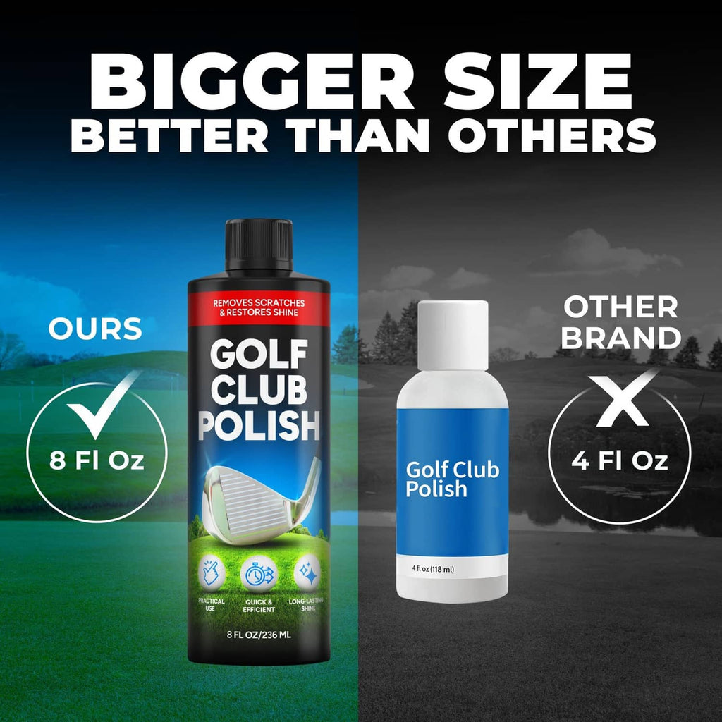 Golf club polish bottles, 8 fl oz and 4 fl oz size comparison.