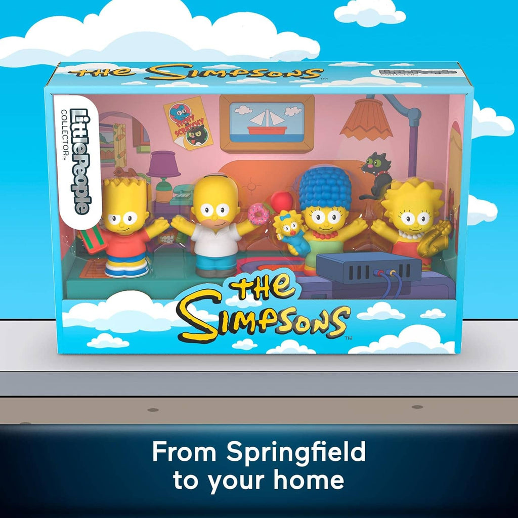 Simpsons collectible figure set display box front showing four figures in living-room scene