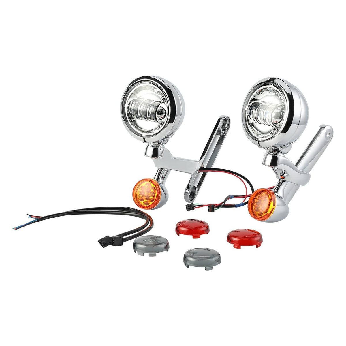 Chrome LED auxiliary fog spot light bracket kit with two round lamps, amber turn signals, wiring