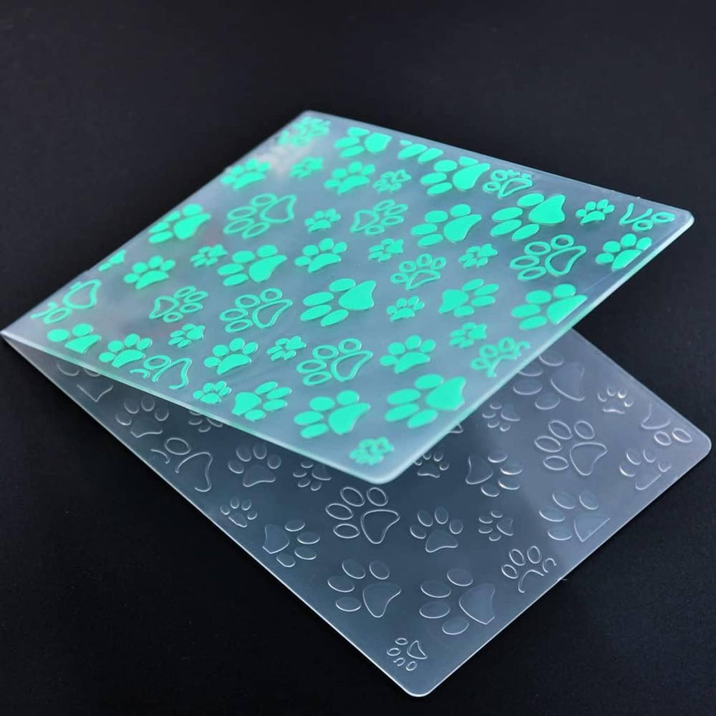 Plastic embossing folder set with embossed paw prints, teal and dark gray