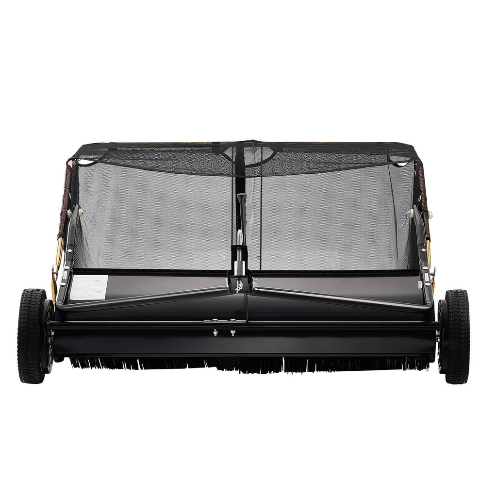 Tow-behind lawn sweeper with front brush roller, two wheels, and large mesh collection bag