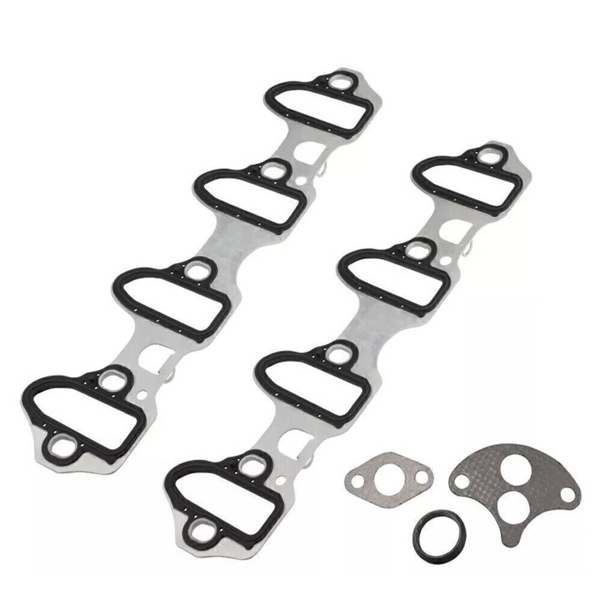 Fel-Pro intake manifold gasket set with black rubber seals and metal backing, plus small O-ring