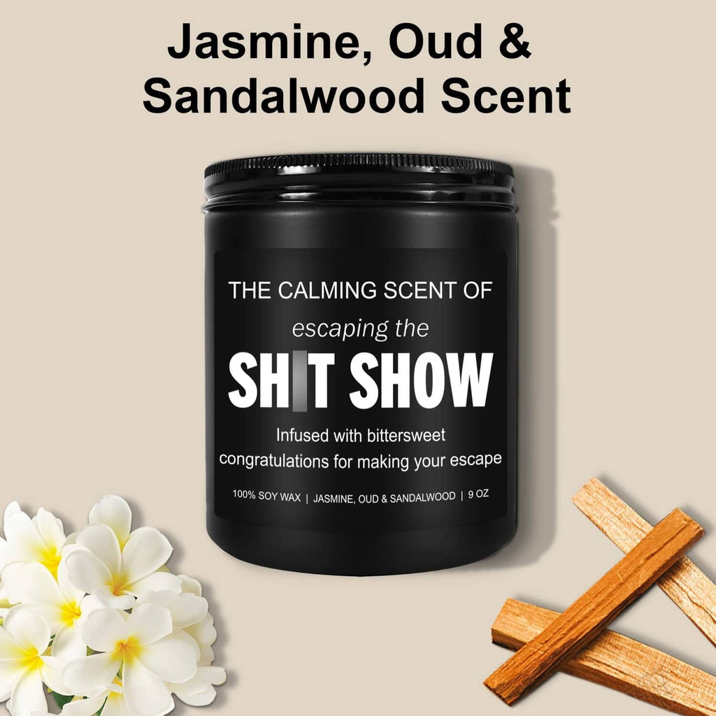 Black jar candle with bold white label; jasmine, oud & sandalwood scent.