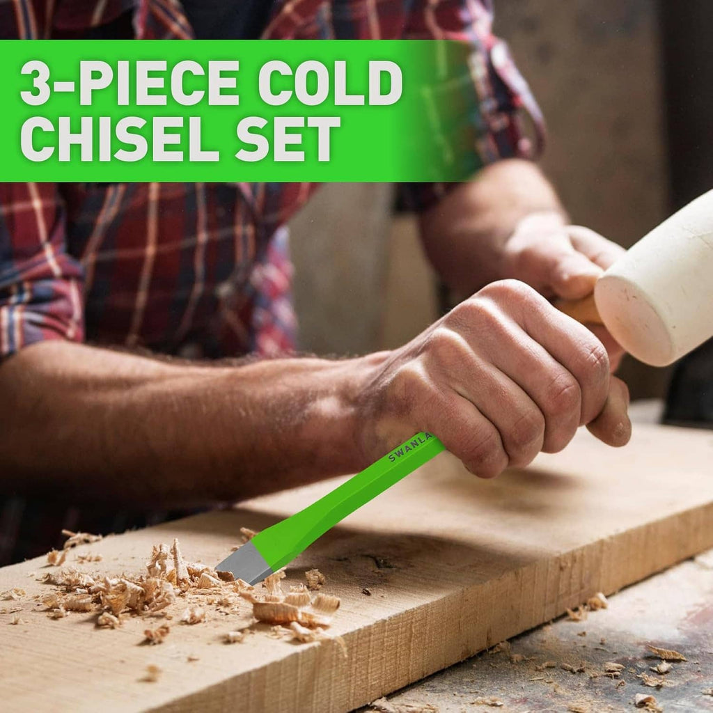 Hand using a green cold chisel to carve wood with a hammer