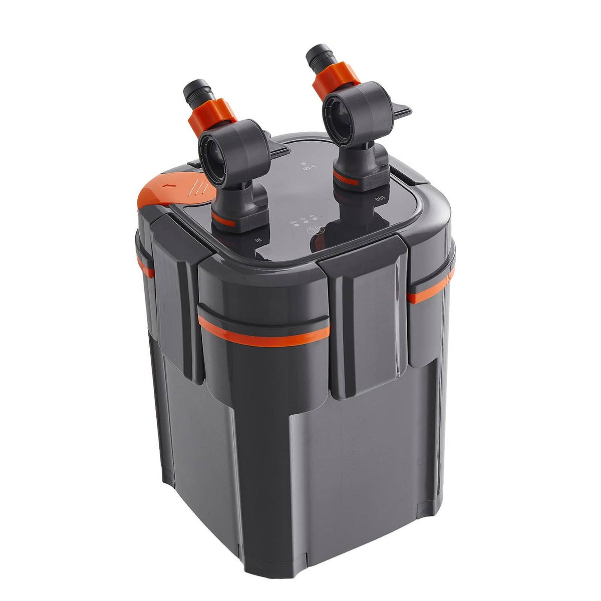External aquarium canister filter, gray-black housing with orange latches and top valves