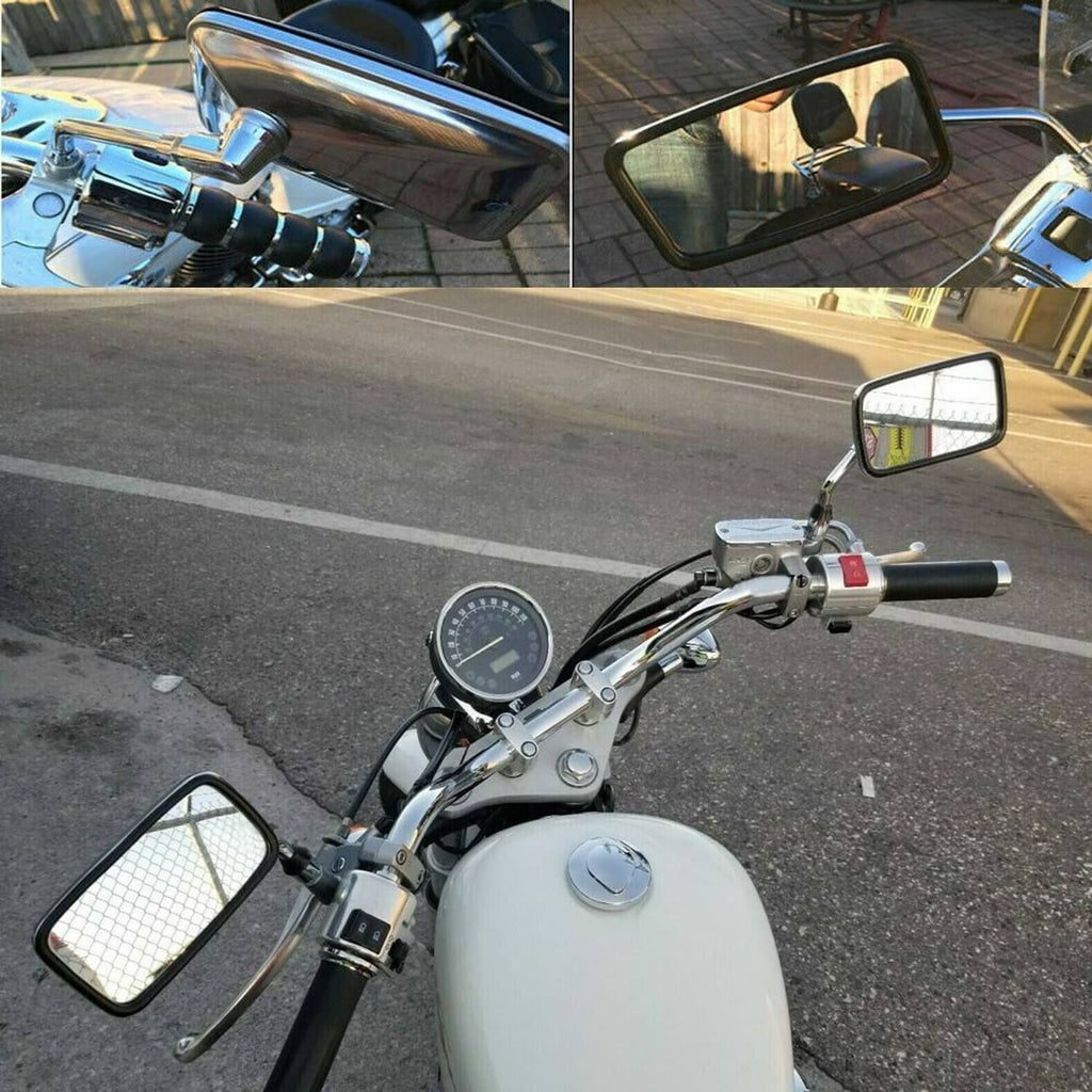 Chrome rectangular rearview mirror set attached to handlebar with black glass