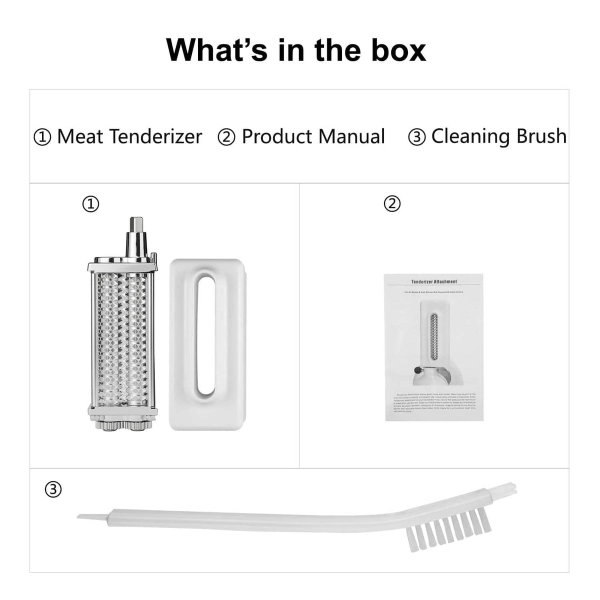 Meat tenderizer attachment set: roller, manual, and cleaning brush