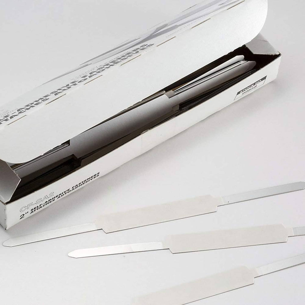 Packaged set of self-adhesive prong fasteners with multiple silver clips