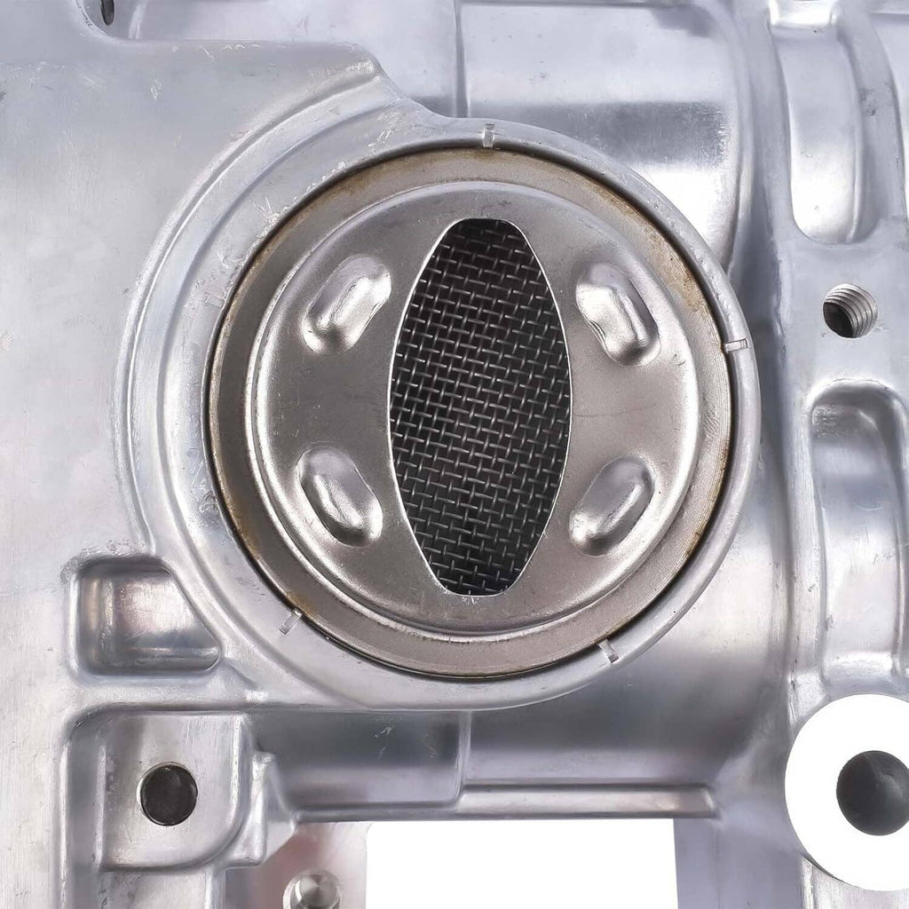 Oil pump balance shaft assembly filter-style mesh cover in silver metal housing