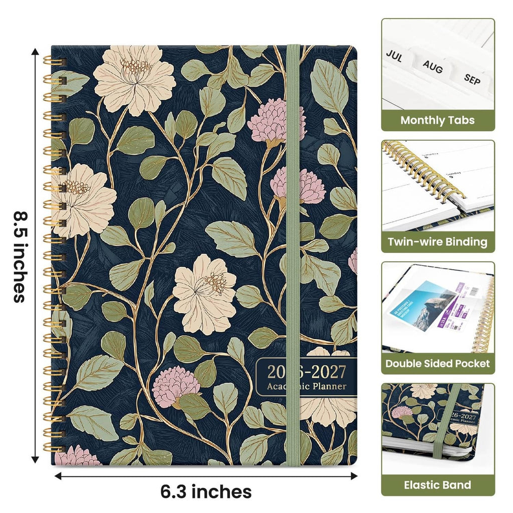 Floral spiral planner with 6.3 in width, monthly tabs, double-sided pocket and elastic band
