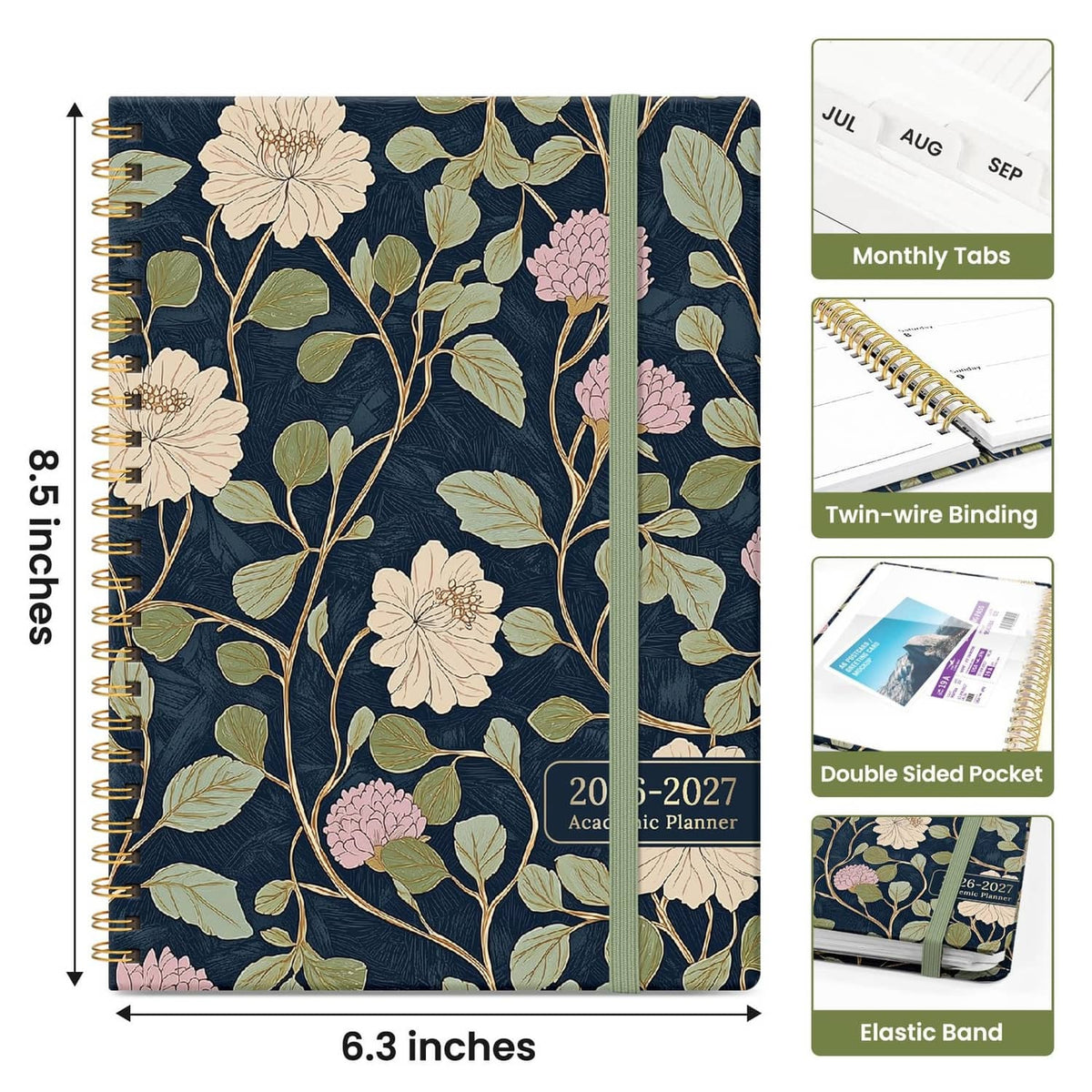 Floral spiral planner with 6.3 in width, monthly tabs, double-sided pocket and elastic band