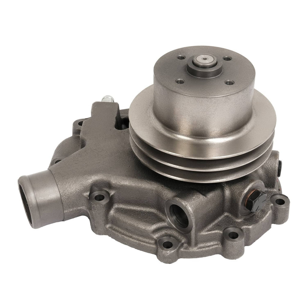 Steel water pump with pulley and side inlet port, metallic gray, mounting holes.