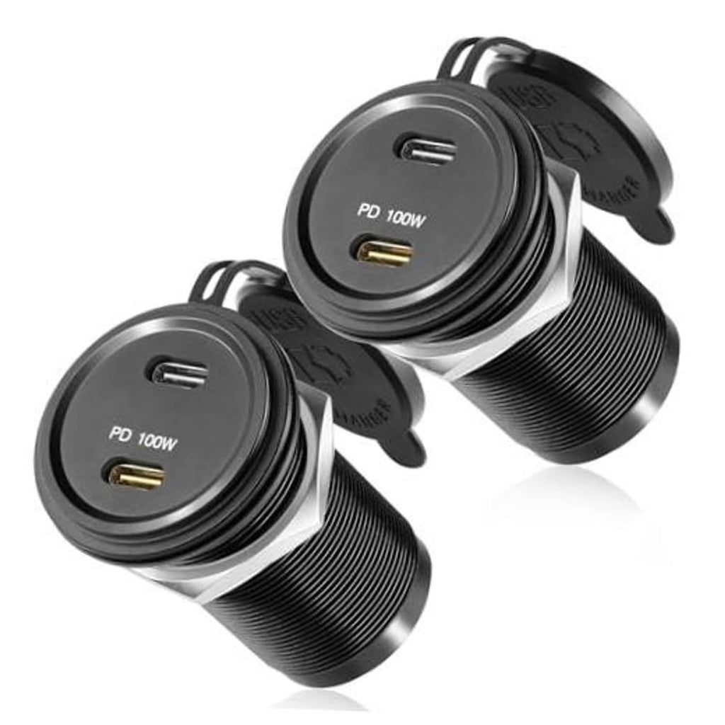 Dual black car USB-C PD adapters with two ports and gold Type-C plugs, ribbed housings