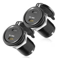 Dual black car USB-C PD adapters with two ports and gold Type-C plugs, ribbed housings