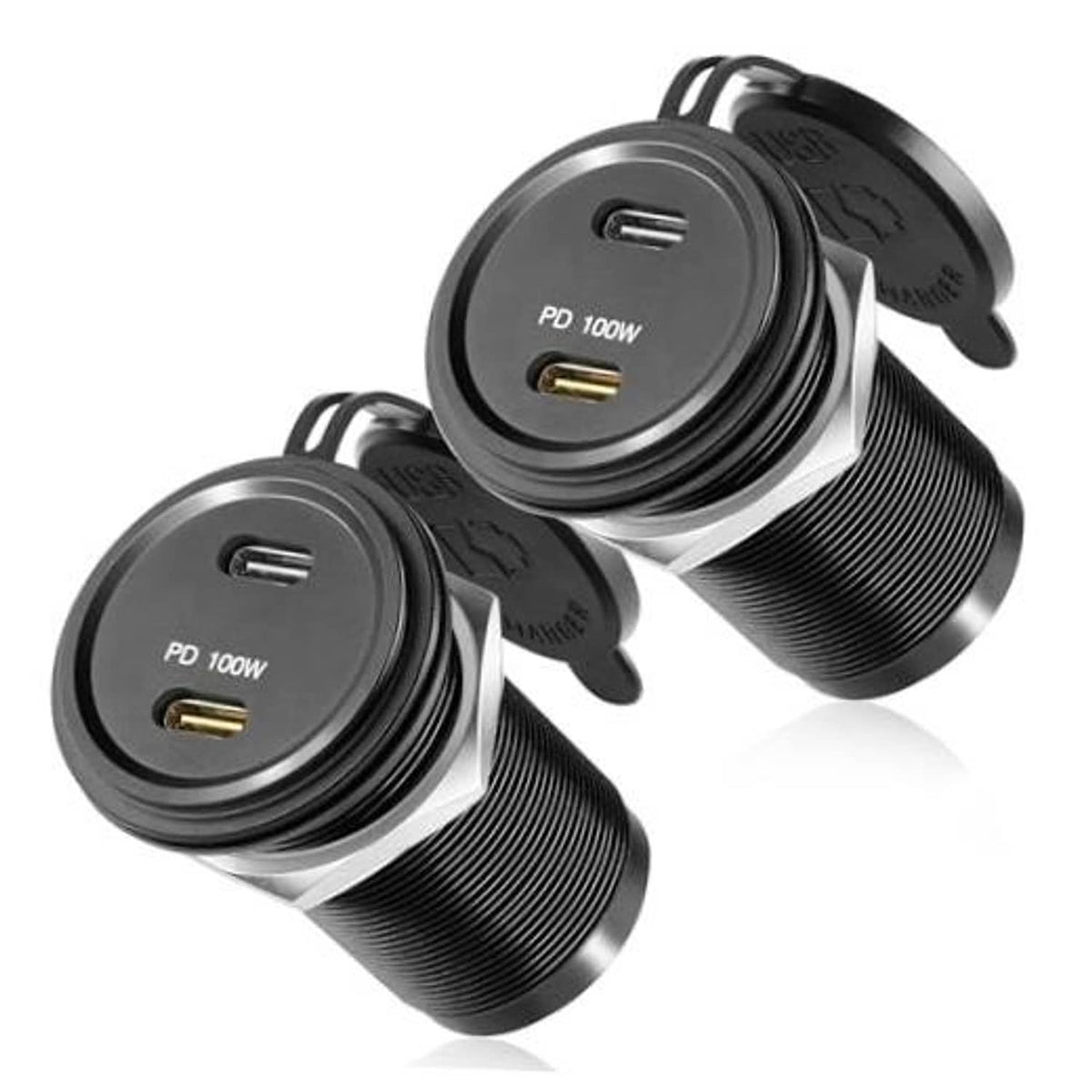 Dual black car USB-C PD adapters with two ports and gold Type-C plugs, ribbed housings