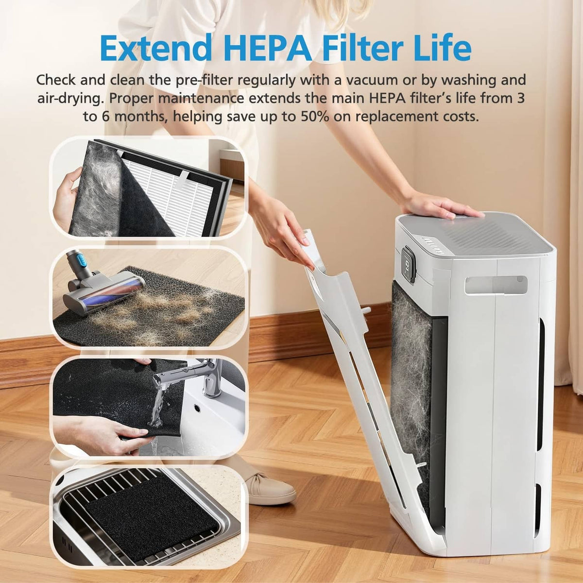 HEPA replacement filter set with black foam pre-filter and white pleated HEPA media
