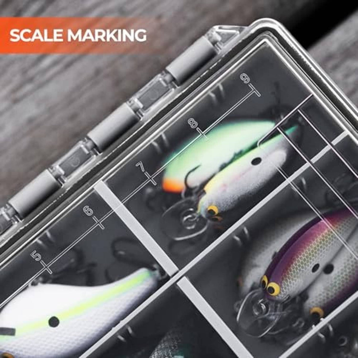 HyperSeal waterproof tackle box with clear compartment lid and scale markings.