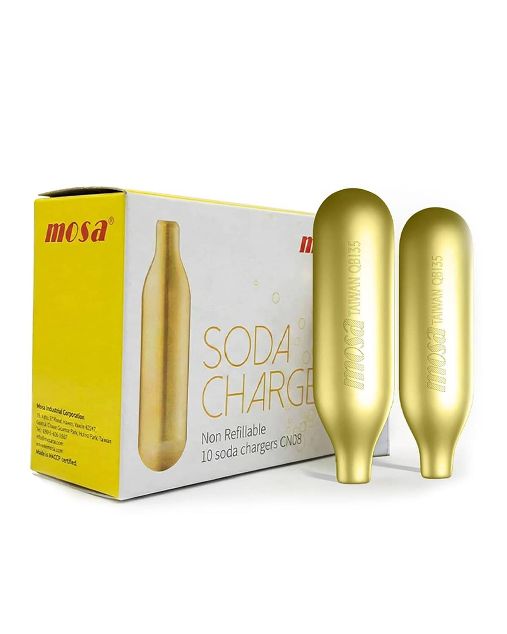 Mosa 8g CO2 soda charger 10-pack, food-grade silver-gold cartridges and box