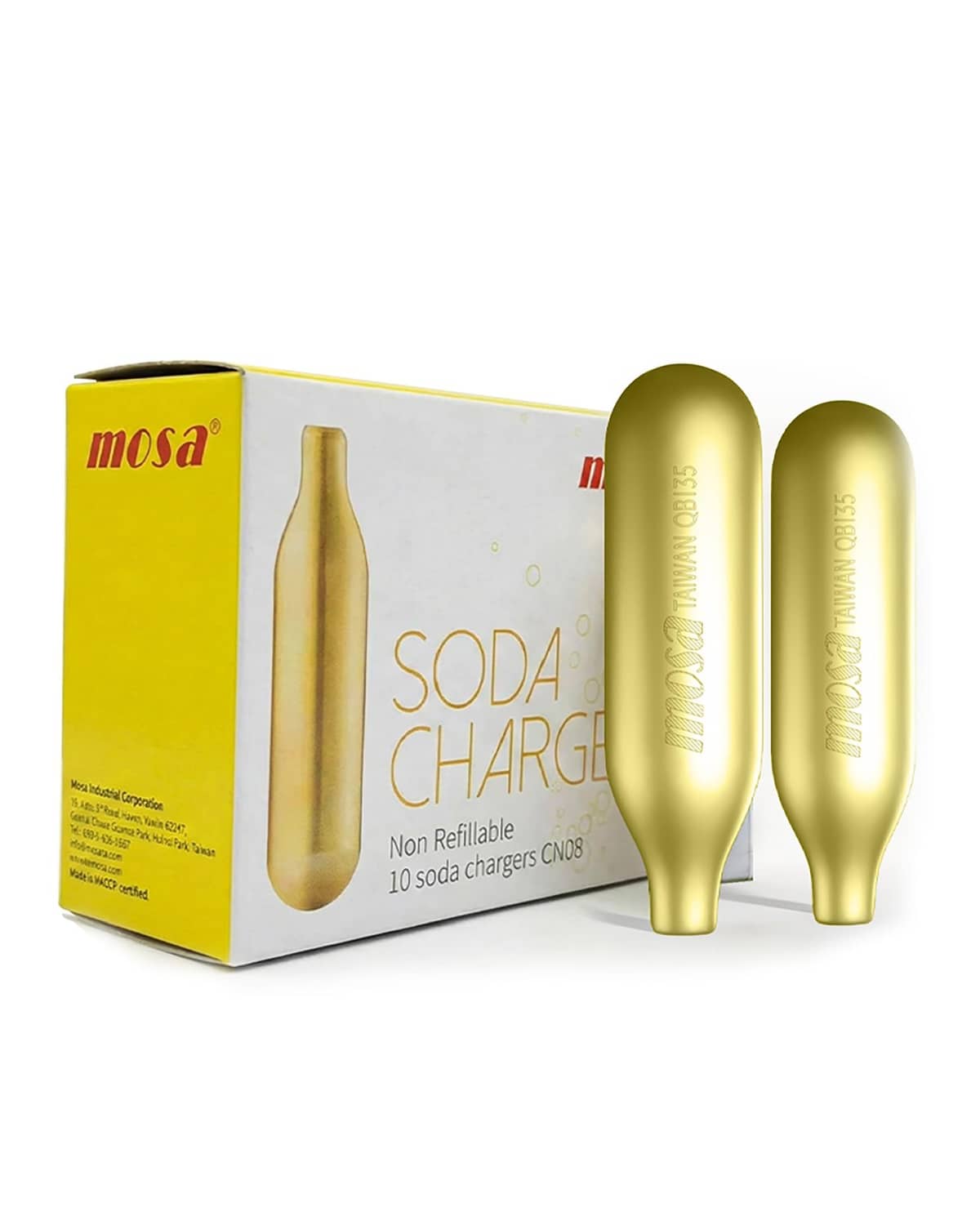 Mosa 8g CO2 soda charger 10-pack, food-grade silver-gold cartridges and box