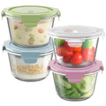 Clear glass meal prep containers with airtight snap lids in green, blue, and pink.
