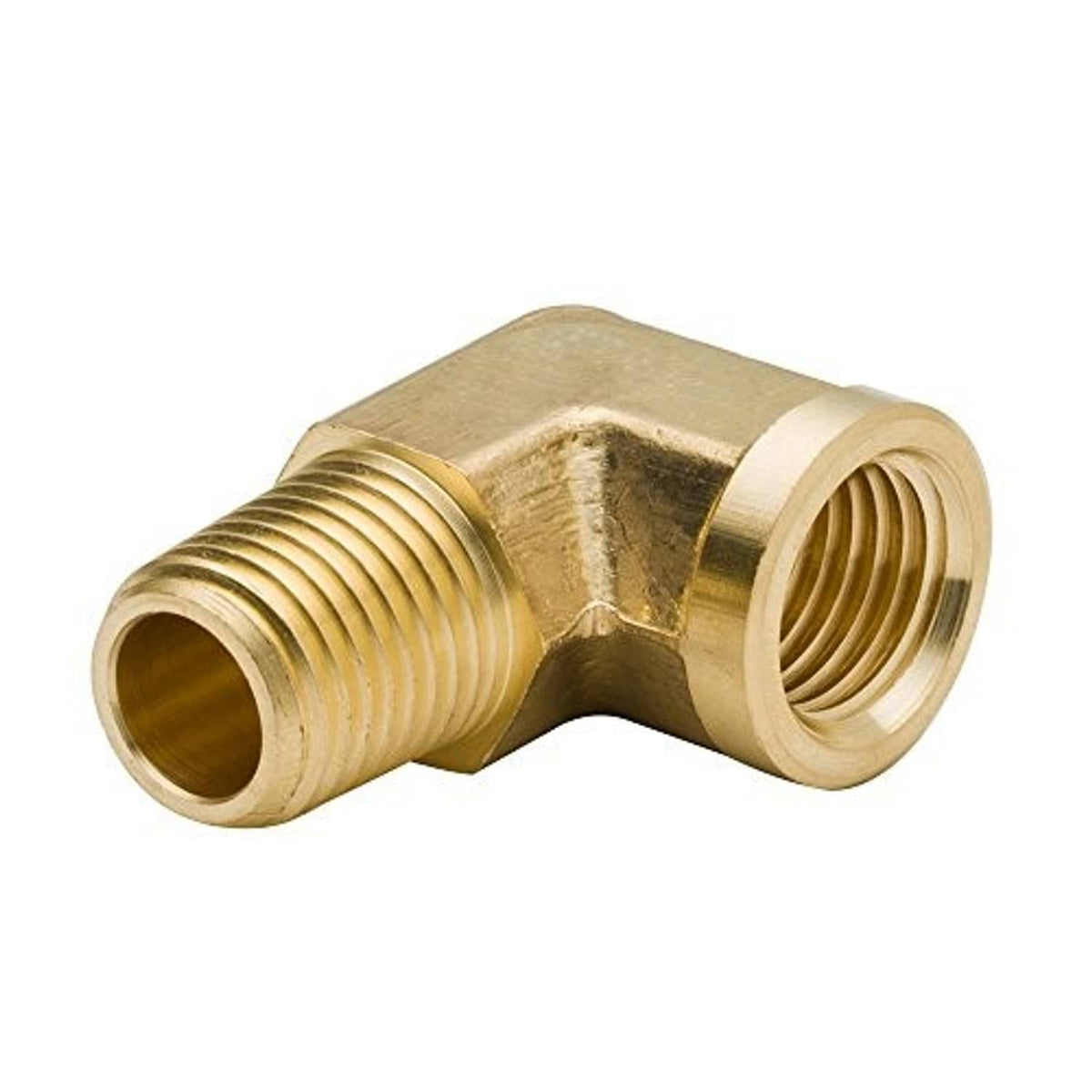 Brass 90° street elbow fitting, NPT male-to-female threaded ends