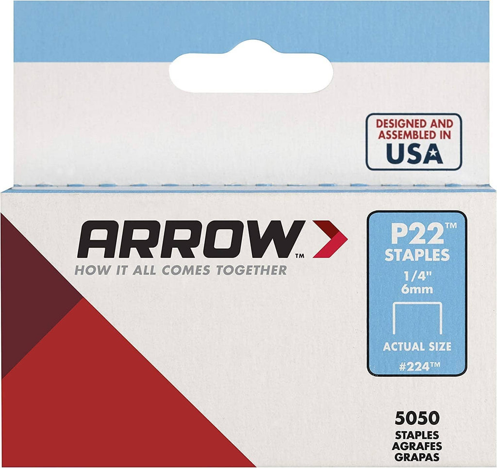 Arrow P22 staple box close front view showing P22 1/4 in (6mm) size label