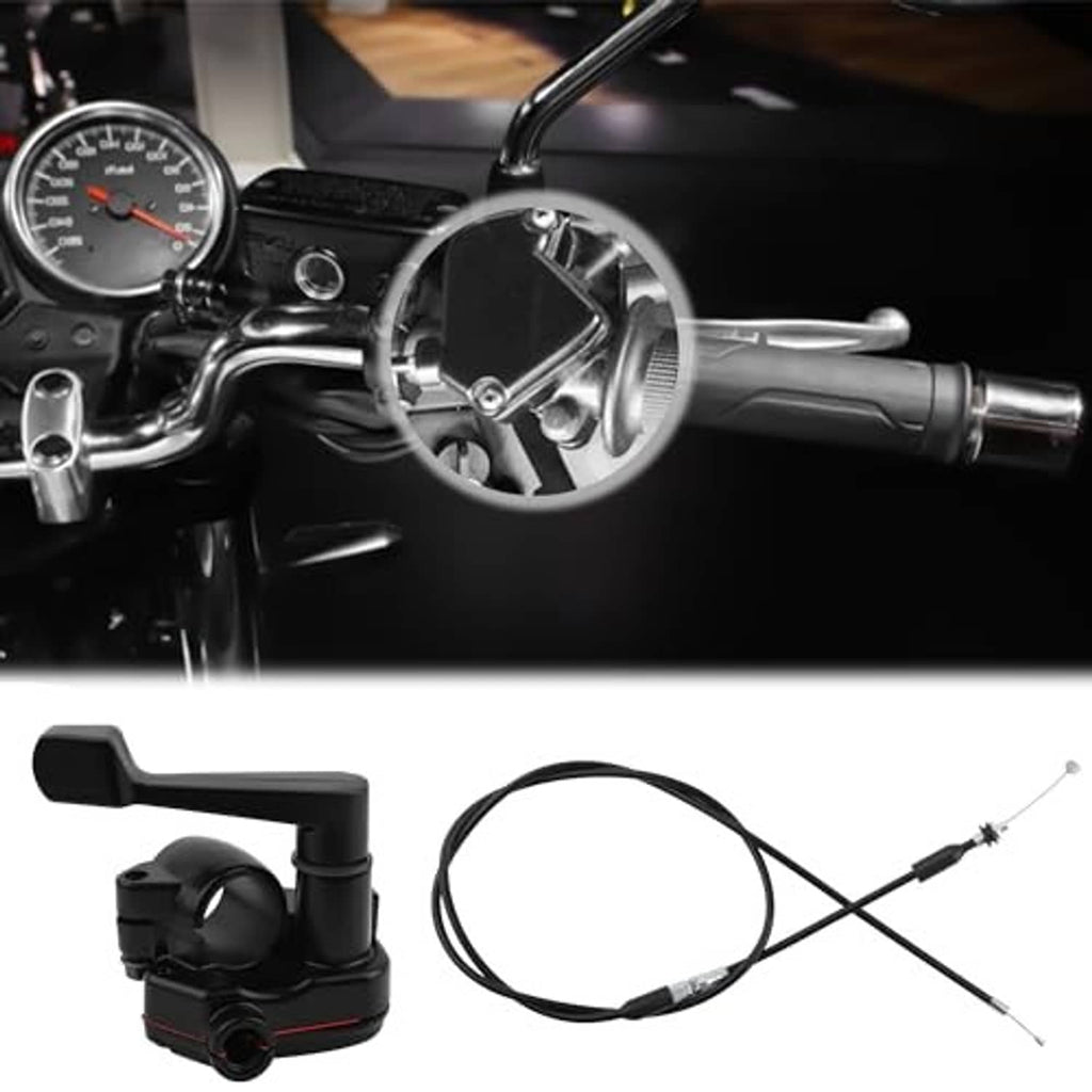 Thumb throttle controller and throttle cable kit shown on motorcycle dashboard area