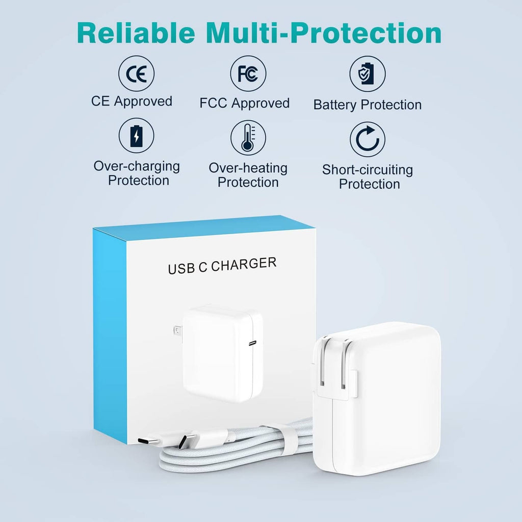 White USB-C charger with protective design, shown with retail packaging