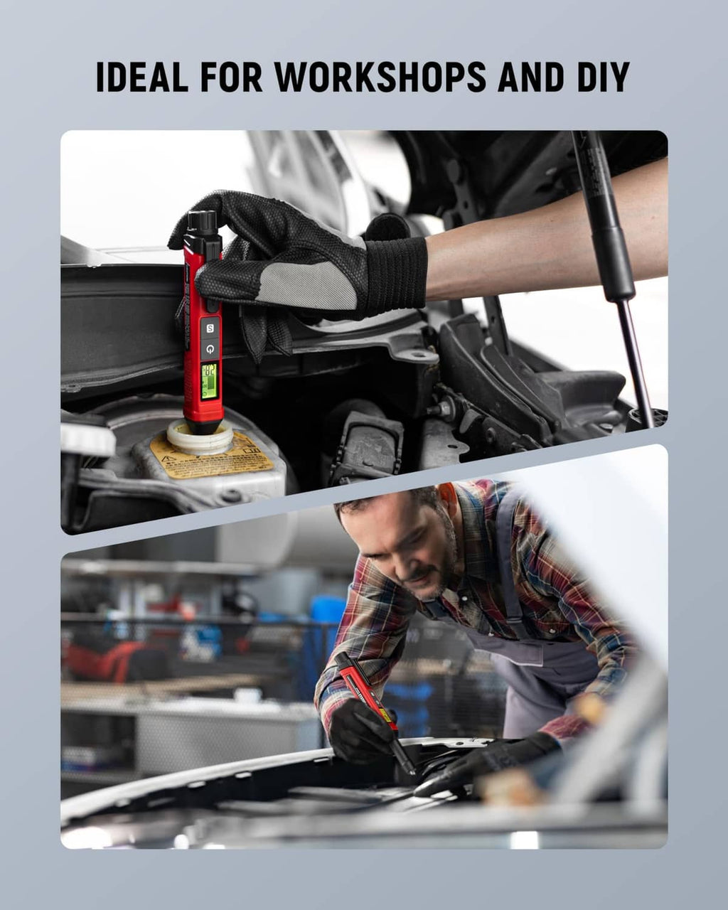 KAIWEETS red brake fluid tester pen in an engine bay during DIY brake fluid check