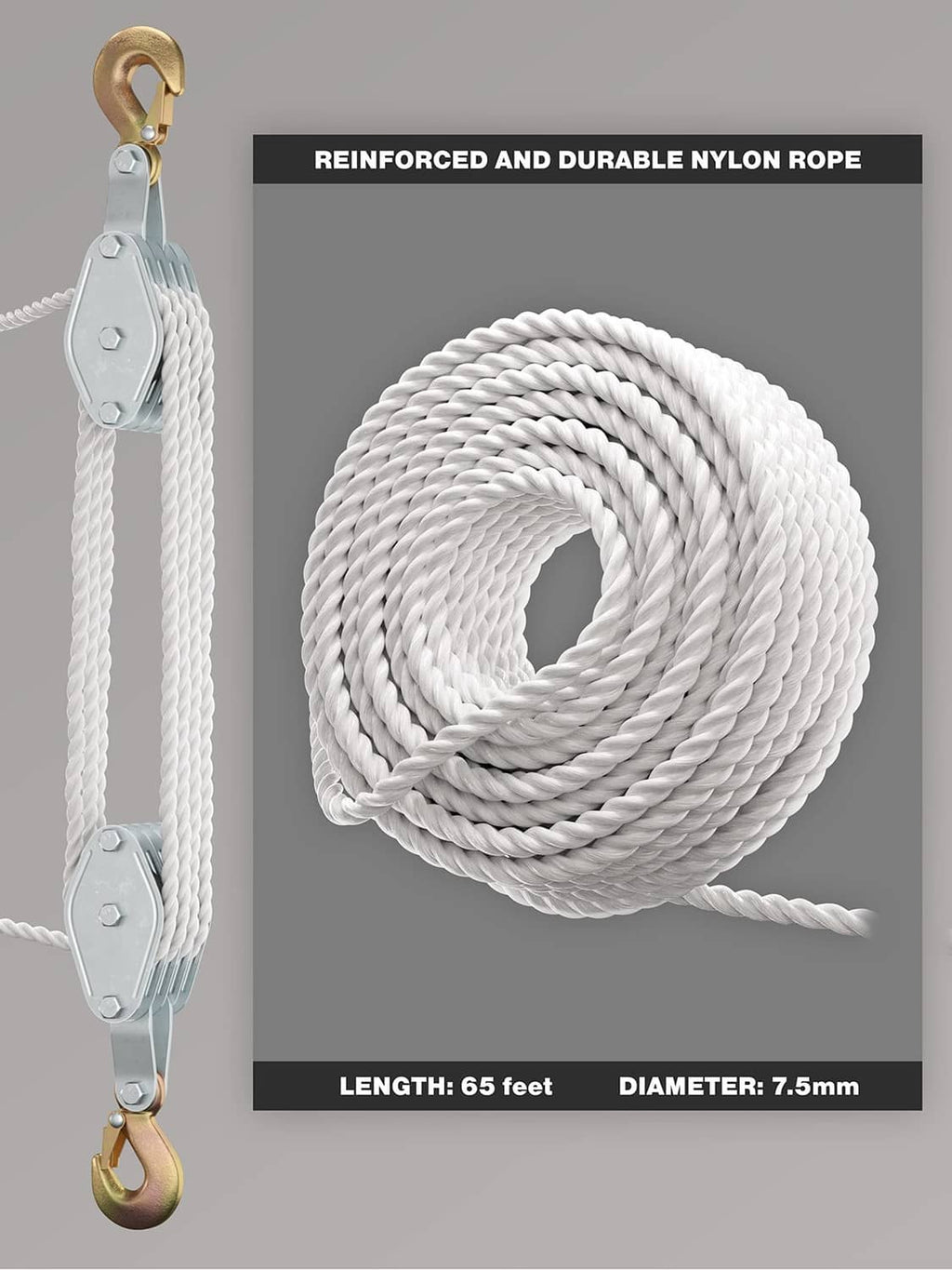 Block and tackle pulley system with reinforced nylon rope, gray pulley block, and gold hook