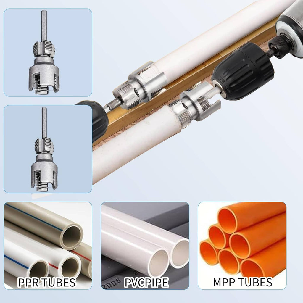 PVC pipe threader tool used on plastic pipe ends, shown with PPR, UPVC, MPP tubes
