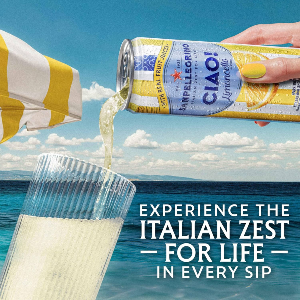 Sanpellegrino Ciao limoncello can pouring sparkling water into a glass