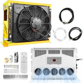 Split truck air conditioner outdoor unit with large cooling fan, yellow frame, cables