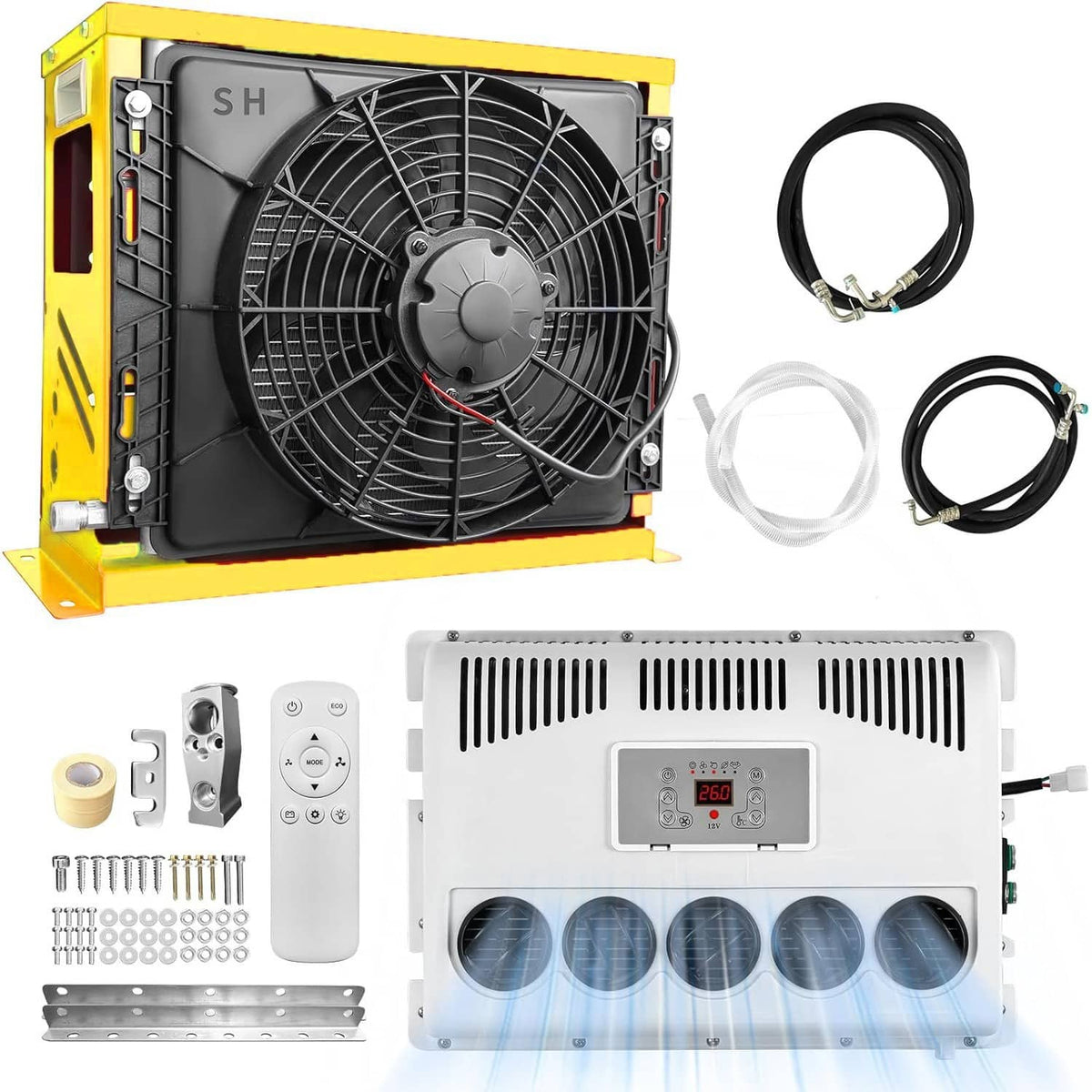 Split truck air conditioner outdoor unit with large cooling fan, yellow frame, cables