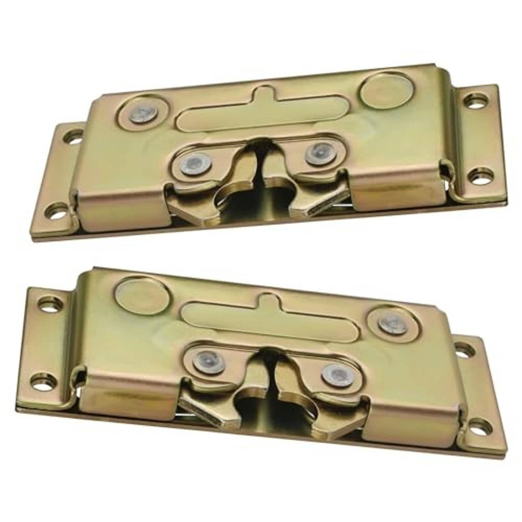 Gold/brass metal door latch lock plates with latch mechanism and bolt bracket.