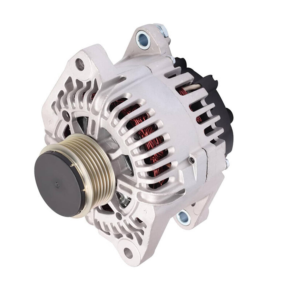 Alternator with ribbed pulley, silver housing and vented stator with copper windings