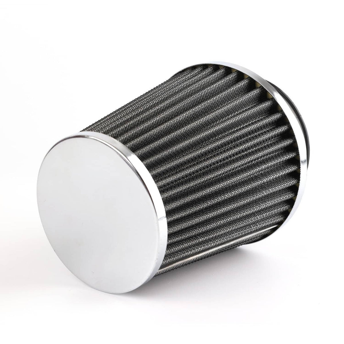 High-flow cone air intake dry air filter with chrome end caps and dark pleated mesh