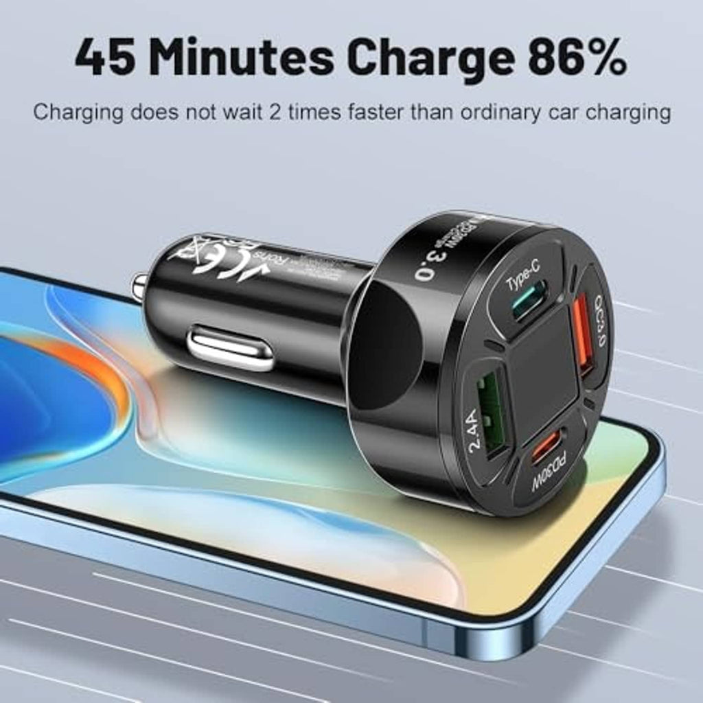 Black car USB-C multi-port charger with illuminated voltmeter LED display and USB port