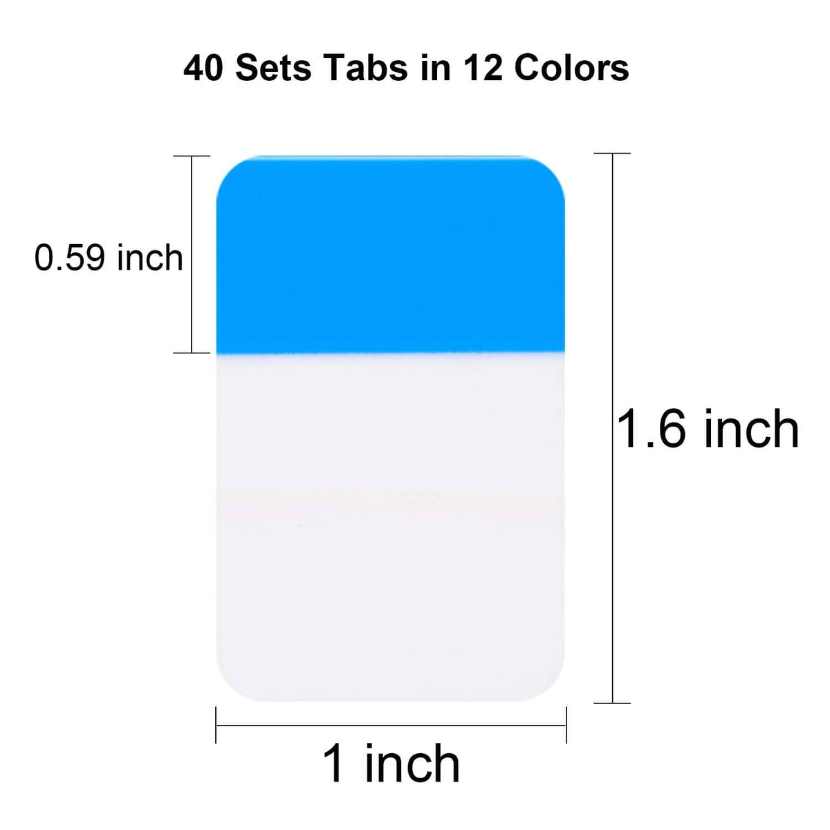Blue and white sticky index tab label with dimensions 0.59 in by 1 in