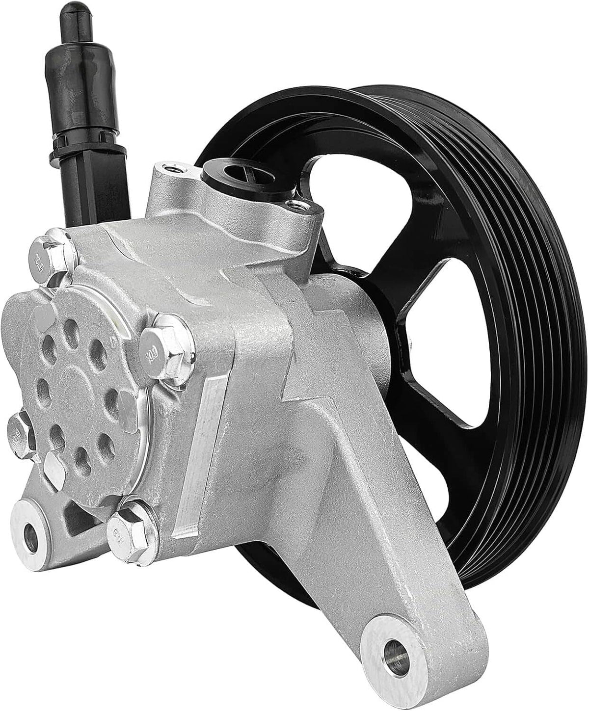 Power steering pump with black pulley and silver body, visible mounting holes
