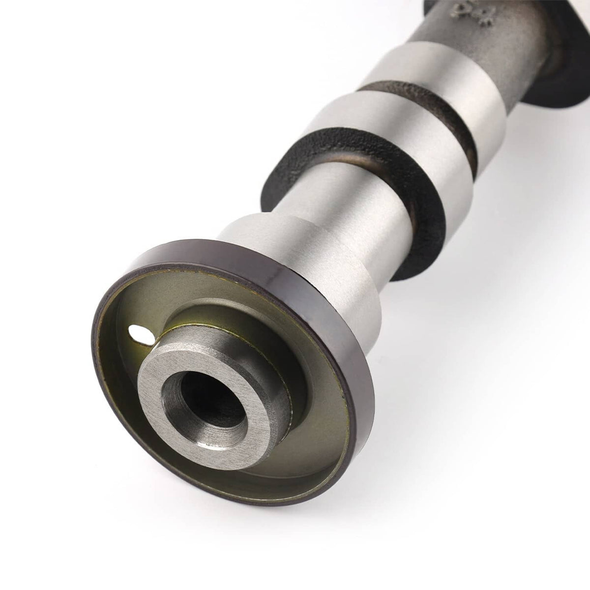 Left exhaust camshaft end with circular flange and central bore, metal finish