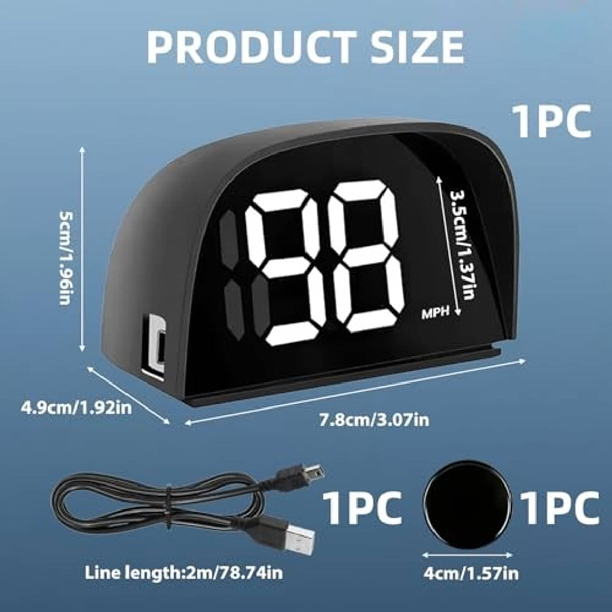 GPS digital speedometer HUD kit with black unit, USB cable, round sensor, and box