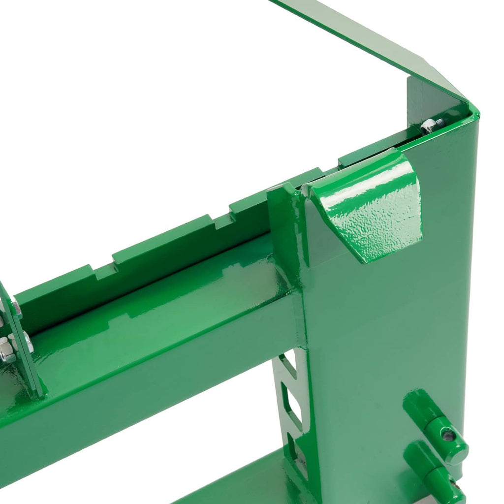 Green pallet fork frame with mounting bracket and receiver hitch component