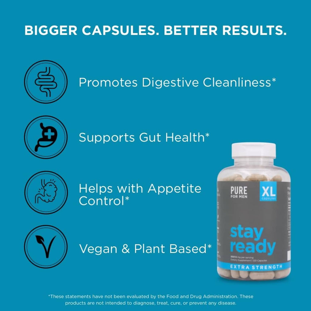 Stay ready XL fiber supplement bottle with digestive health benefit icons and vegan claim