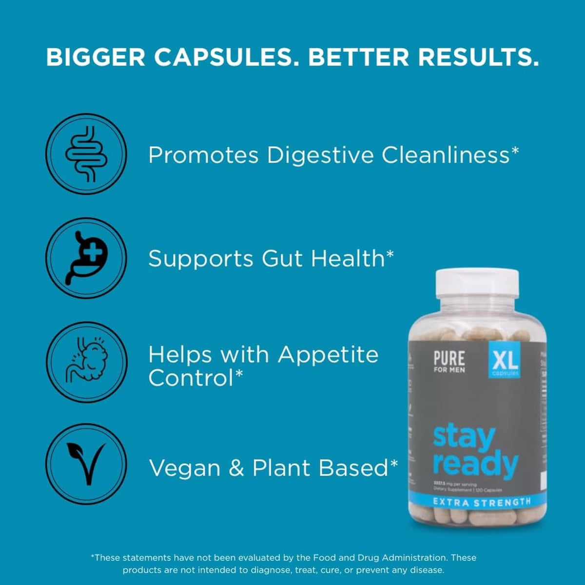 Stay ready XL fiber supplement bottle with digestive health benefit icons and vegan claim